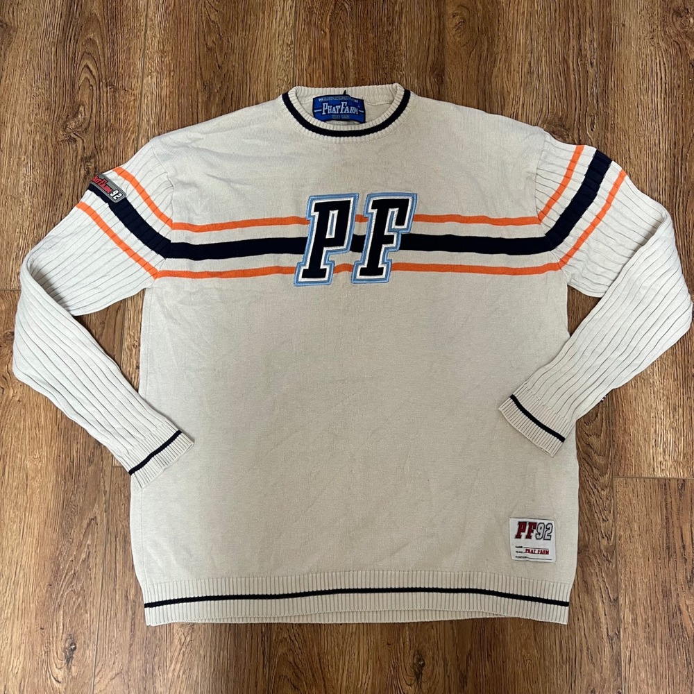 Y2K‎ Phat Farm PF 92 Spellout
Streetwear Tan Knit Sweater Men's XXL Stripes